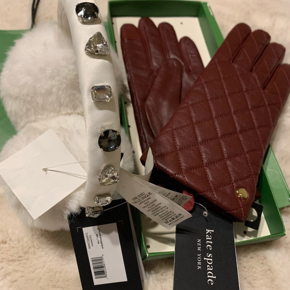 New Kate Spade White Fur Earmuffs and Quilted brown Gloves Set